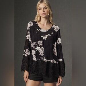 Curations Black White Floral Flowy Crochet Lace Sleeve Top Blouse Shirt M